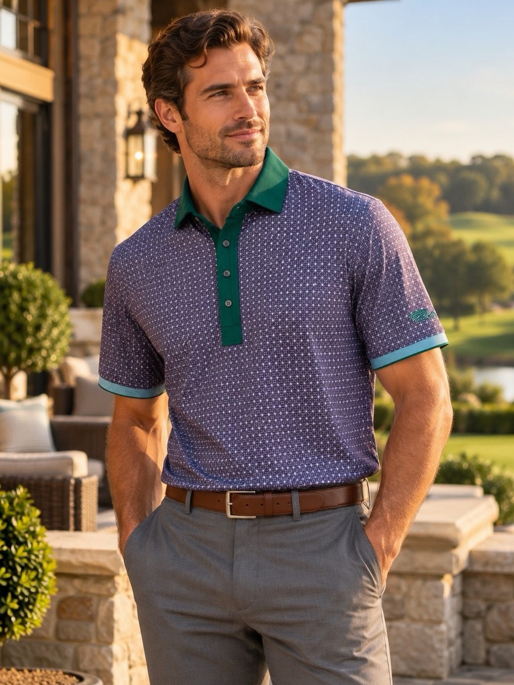 Greyson Polo Men L Purple Geo Print Green Contrast Collar Golf Shirt